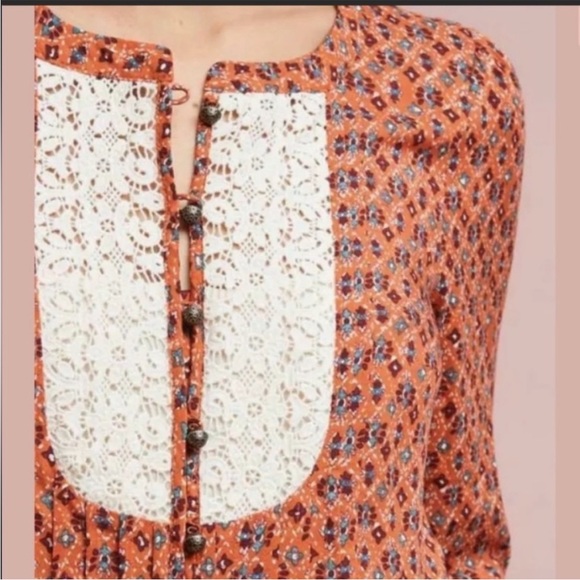 Anthropologie Maeve Hiver Flowy Peasant Blouse Top Size 6 Lace Trim Boho - Picture 4 of 7